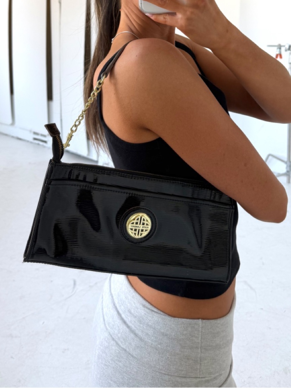 Kate Landry Black Faux Patent Leather Shoulder Bag with Gold Hardware